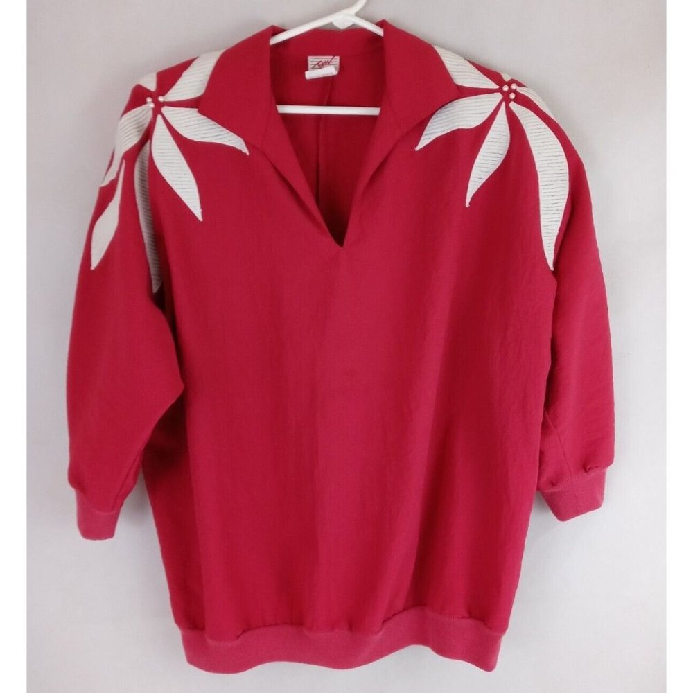 Vintage G.W. Red Pullover Shirt With  Floral Shoulders Size Large